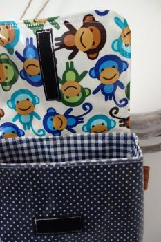 Lenkertasche mit Klappe dunkelblau, Affen. Wunschname möglich