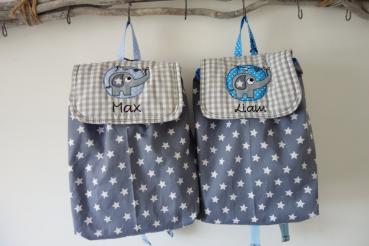 grauer Kinderrucksack mit Wunschname Mustermix Elefant