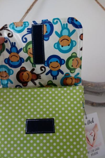 Lenkertasche mit Klappe grün, Affen. Wunschname möglich