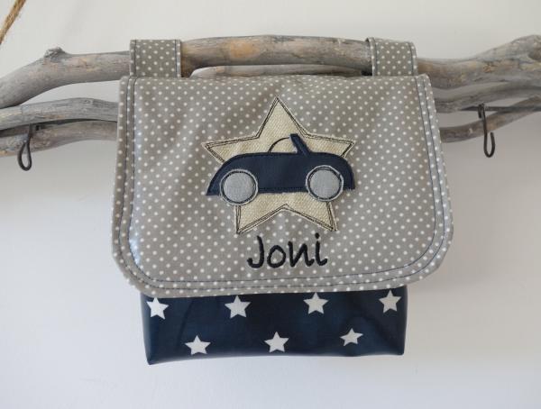 wasserfeste Lenkertasche mit Klappe Auto und Wunschname, navy grau