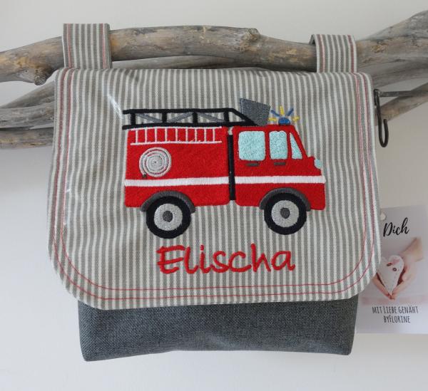 wasserfeste Lenkertasche mit Klappe Feuerwehr mit Wunschname grau rot