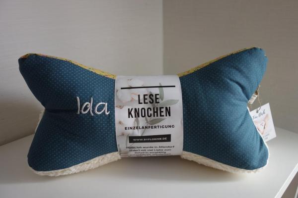 Nackenkissen Leseknochen Lesekissen, Wunschname möglich, petrol senfgelb