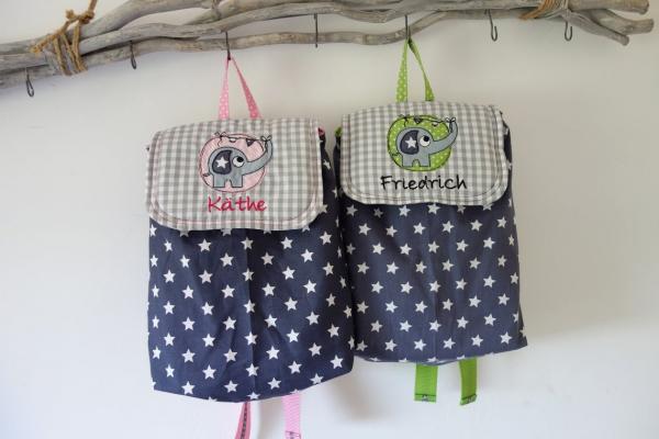 grauer Kinderrucksack mit Wunschname Mustermix Elefant