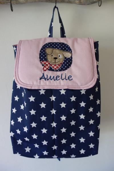 Kinderrucksack mit Wunschname im Mustermix dunkelblau rosa, Hund