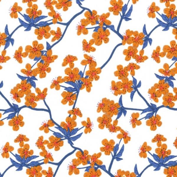 AU MAISON Wachstuch Amalie White Orange Blue Kirschblüten, beschichtete Baumwolle
