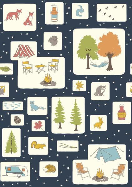 Birch Fabrics Biobaumwolle CAMPOUT BLOCKS petrol Naturmotiv Camping Wald Tiere